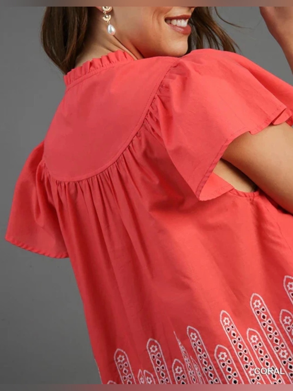 Gaudie Ruffle Tie Front Embroidery Scalloped Short Sleeve Top Size Large EUC - Picture 5 of 16